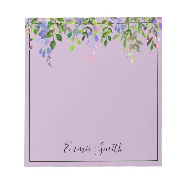 Watercolor Purple Floral Green Leaves Personalized Notepad (Front)
