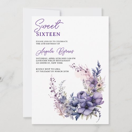 Watercolor Purple Floral Half Circle Wreath  Invitation