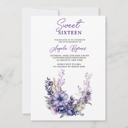 Watercolor Purple Floral Half Circle Wreath  Invitation