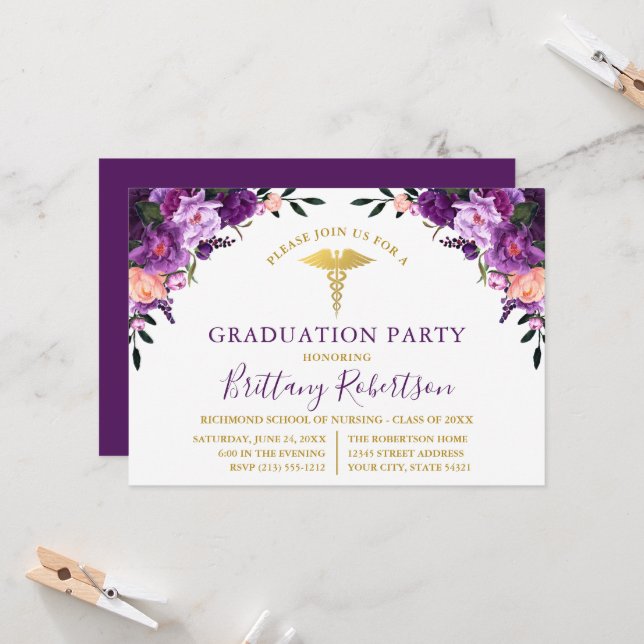 Watercolor Purple Floral Medical Graduation Party Invitation (Front/Back In Situ)