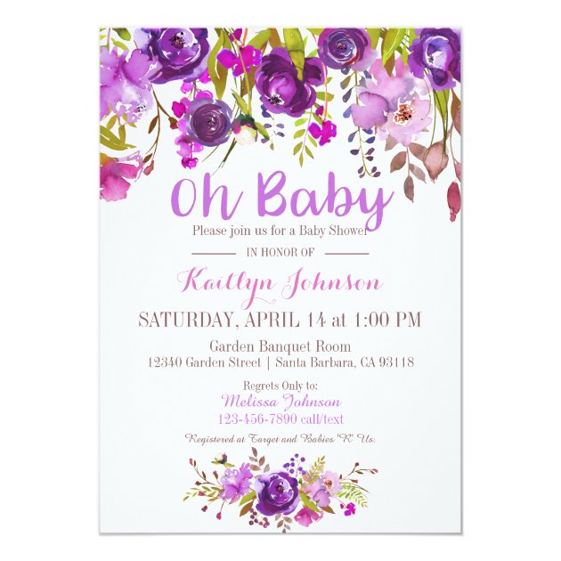 Watercolor Purple Floral Modern Baby Shower Invitation