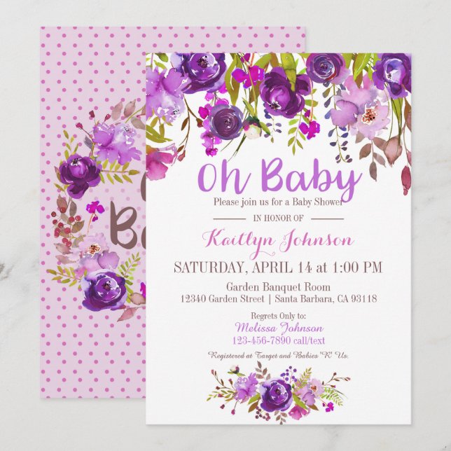 Watercolor Purple Floral Modern Baby Shower Invitation (Front/Back)