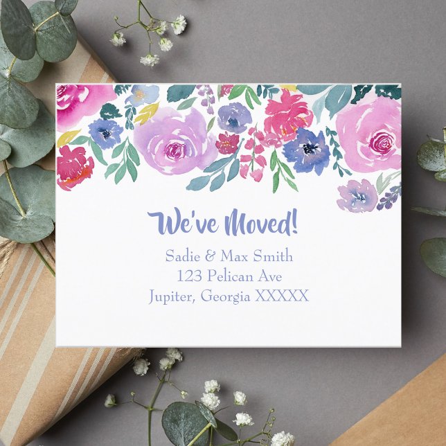 Watercolor Purple Floral New Address Announcement (Pastel blooms on canvas, announcing a new home, memories unfurling gracefully.)