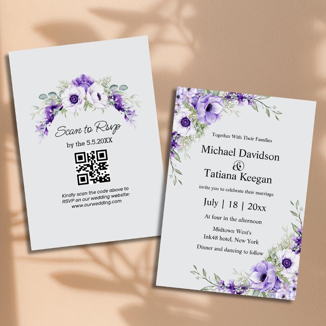 watercolor purple floral qr code grey wedding  invitation (Creator Uploaded)