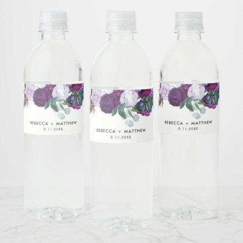Watercolor Purple Floral Script Wedding Water Bottle Label
