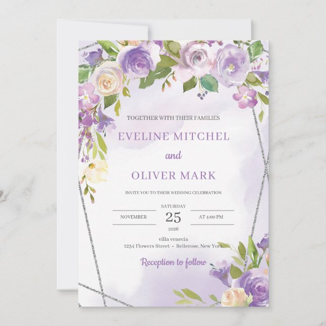 Watercolor purple floral silver frame wedding invitation (Front)