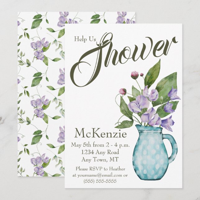 Watercolor Purple Floral Sweet Peas Baby Shower Invitation (Front/Back)