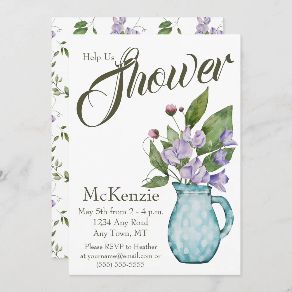 Watercolor Purple Floral Sweet Peas Baby Shower Invitation