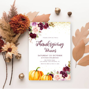 Watercolor purple floral thanksgiving dinner invitation