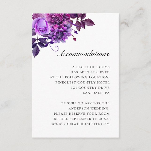 Watercolor purple floral wedding accommodations enclosure card (Front)