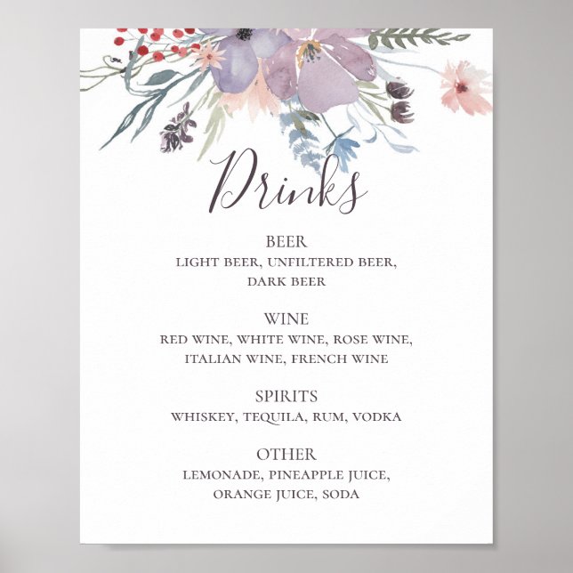 Watercolor purple floral wedding alcohol drinks poster (Front)