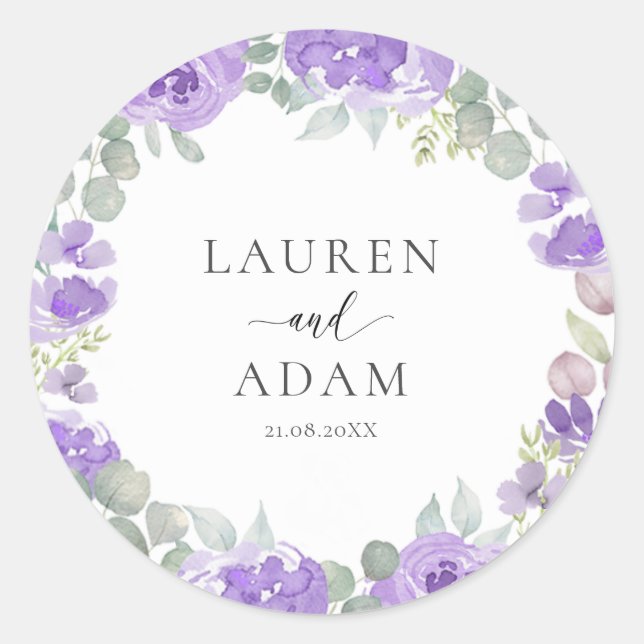 Watercolor Purple Floral Wedding Classic Round Sticker (Front)