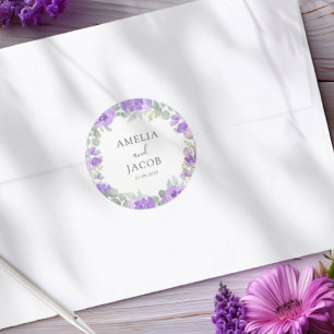 Watercolor Purple Floral Wedding Classic Round Sticker