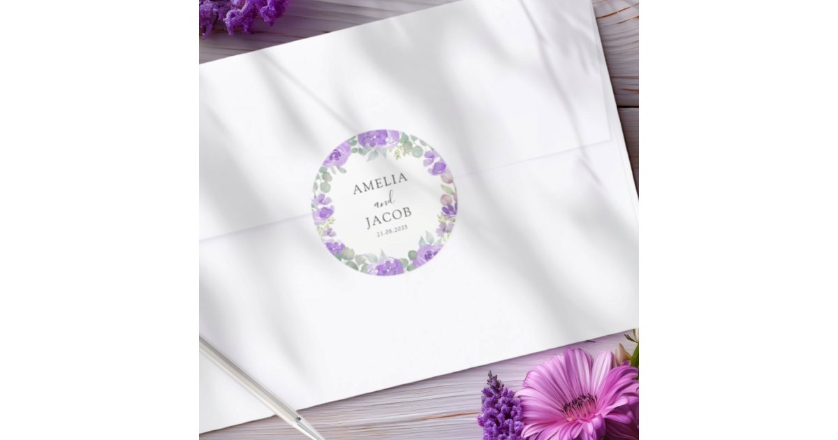 Watercolor Purple Floral Wedding Classic Round Sticker | Zazzle