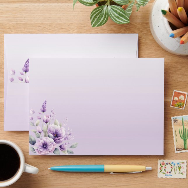 Watercolor Purple Floral Wedding Envelope (Desk)