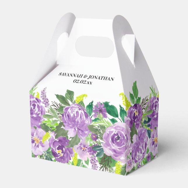 Watercolor Purple Floral Wedding Favor Boxes (Front Side)