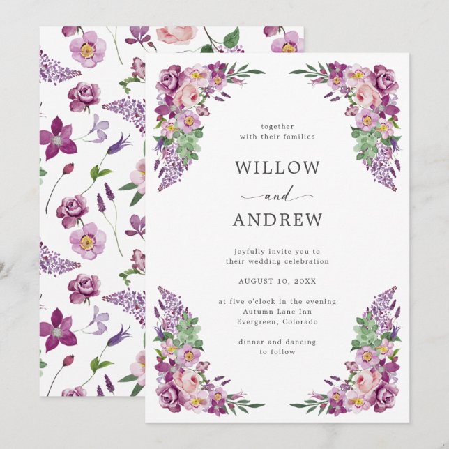 Watercolor Purple Floral Wedding Invitation (Front/Back)