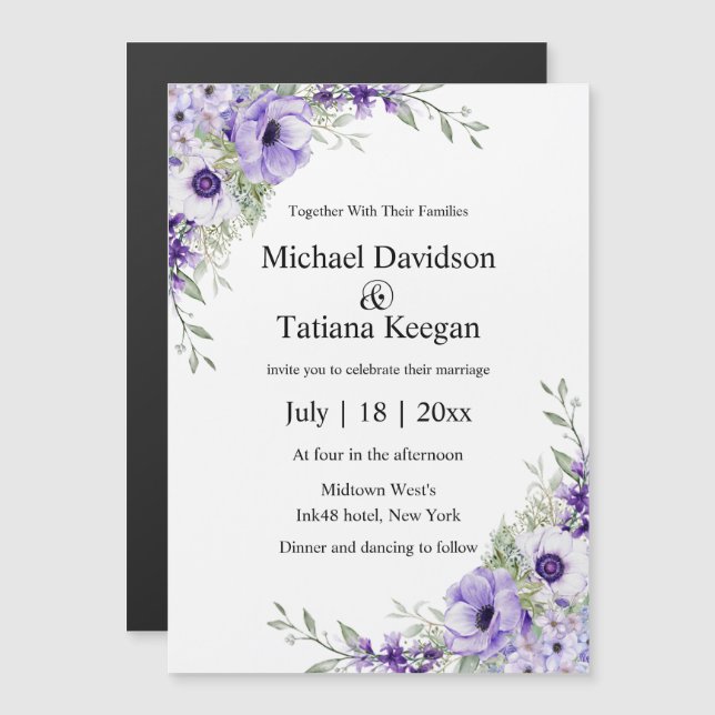 watercolor purple floral wedding invitation magnet (Front/Back)
