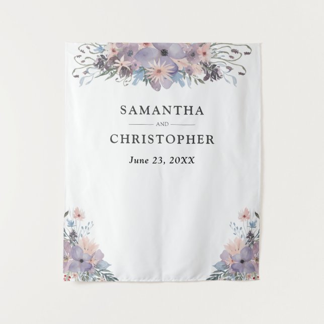 Watercolor Purple Floral Wedding Photo Backdrop (Front)