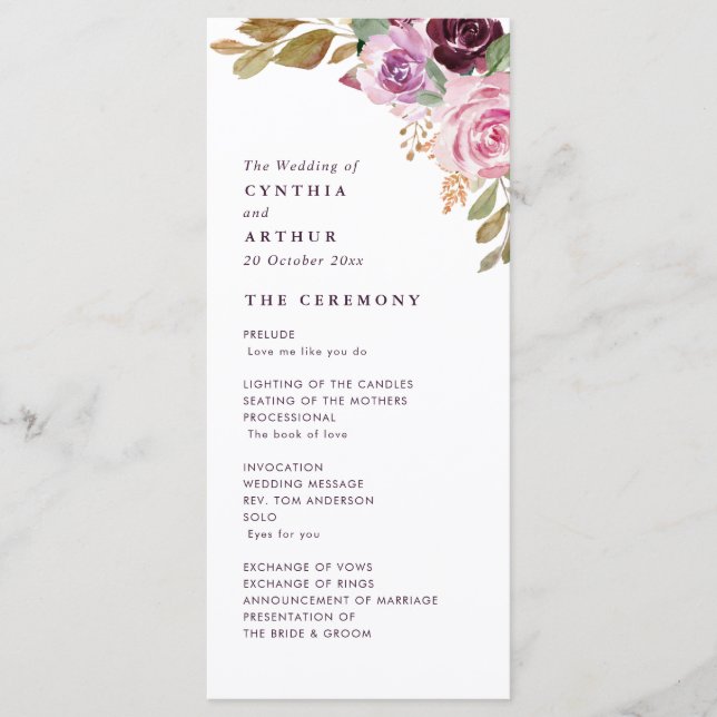 Watercolor purple floral wedding program (Front)