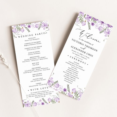 Watercolor Purple Floral Wedding  Program