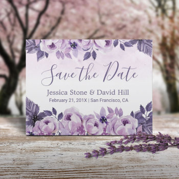 Watercolor Purple Floral Wedding Save The Date Announcement Postcard by myinvitation at Zazzle