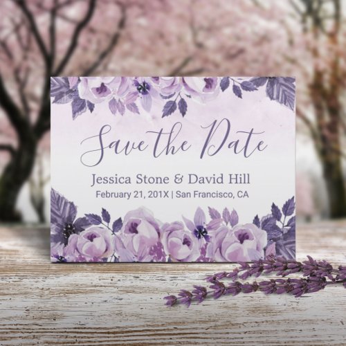 Watercolor Purple Floral Wedding Save the Date Announcement Postcard