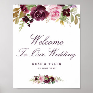 watercolor purple floral wedding welcome sign