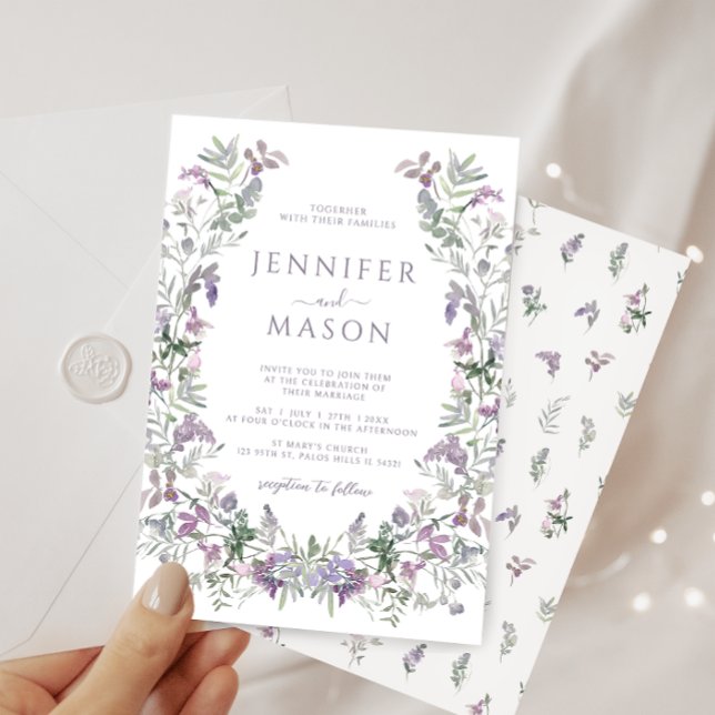 Watercolor purple floral wreath bohemian wedding invitation (Creator Uploaded)