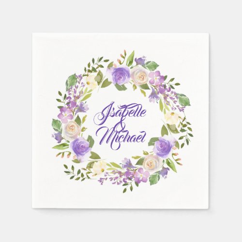Watercolor Purple Floral Wreath Wedding Napkins