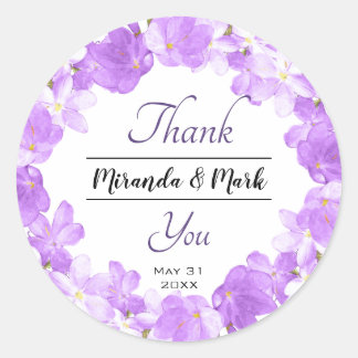Watercolor Purple Floral Wreath Wedding Thank You Classic Round Sticker