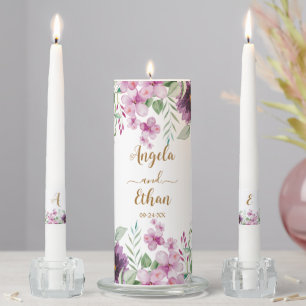 Watercolor Purple Florals Wedding Unity Candle Set