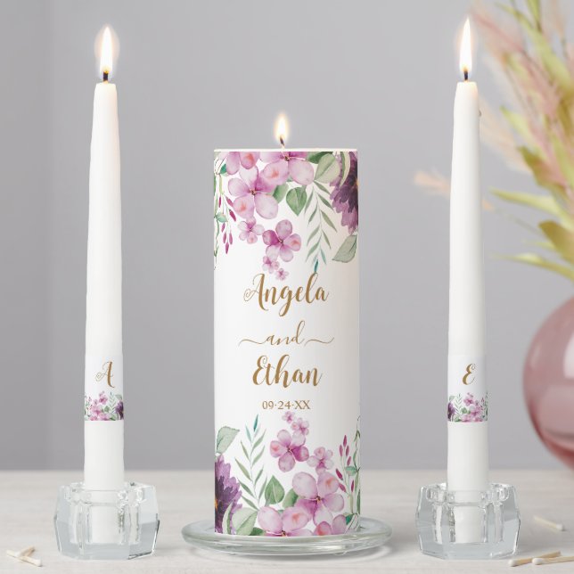Watercolor Purple Florals Wedding Unity Candle Set (In Situ)