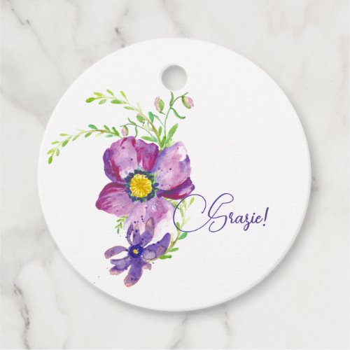 Watercolor Purple Flower and Green Leaves Grazie  Favor Tags