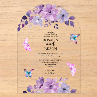 Watercolor purple flower bouquet acrylic invitations