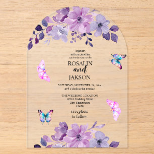 Watercolor purple flower bouquet acrylic invitations