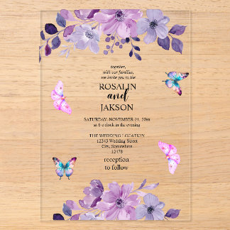 Watercolor purple flower bouquet acrylic invitations