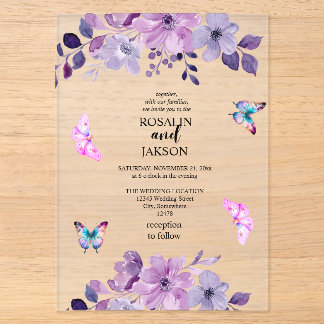 Watercolor purple flower bouquet acrylic invitations