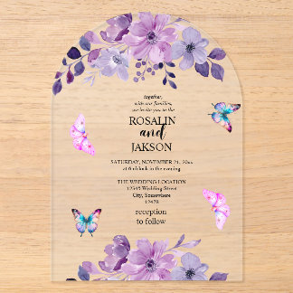 Watercolor purple flower bouquet acrylic invitations