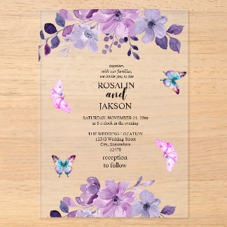 Watercolor purple flower bouquet acrylic invitations