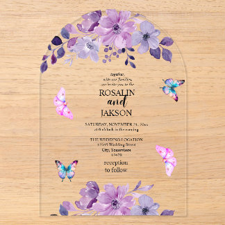 Watercolor purple flower bouquet acrylic invitations