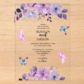 Watercolor purple flower bouquet acrylic invitations