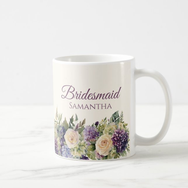 Watercolor Purple Flower Bouquet-Bridesmaid gifts- Coffee Mug (Right)