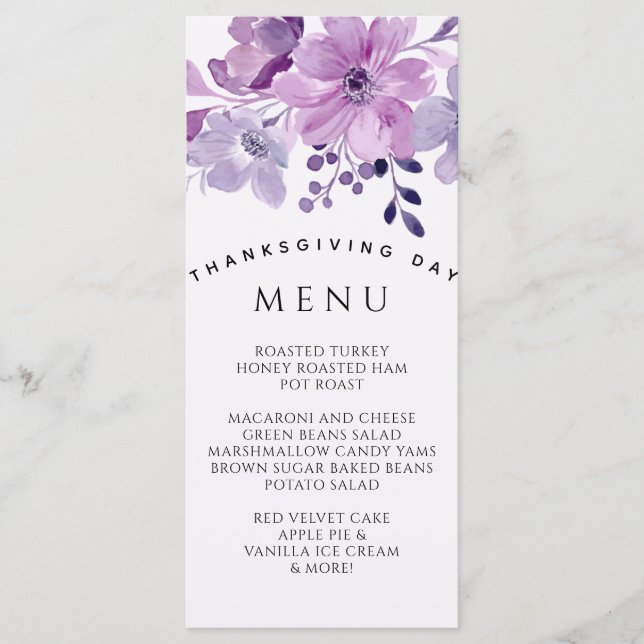 Watercolor purple flower bouquet menu (Front)