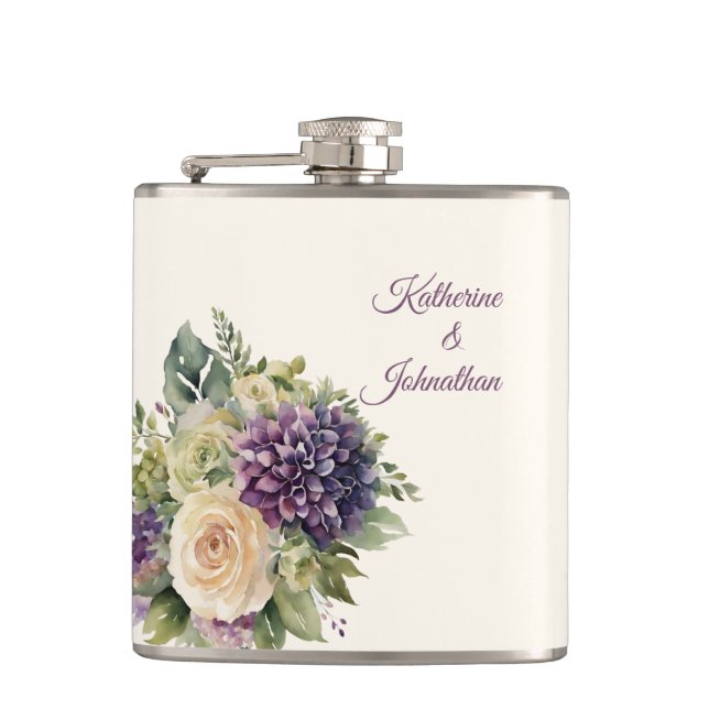 Watercolor Purple Flower Bouquet-Wedding- Flask (Front)