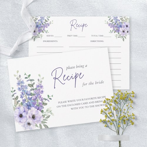 Watercolor Purple Flower Bridal Shower Recipe Card