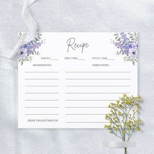 Watercolor Purple Flower Bridal Shower Recipe Card