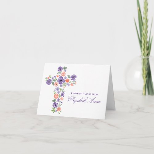 Watercolor Purple Flower Cross First Communion Thank You Card
