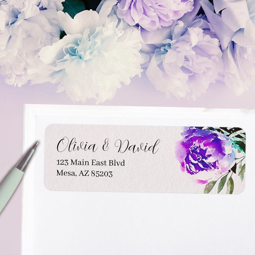 Watercolor Purple Flower Foliage Wedding Address  Label