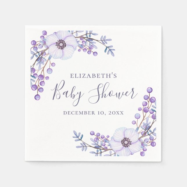 Watercolor purple flower. Lilac floral baby shower Napkins (Front)